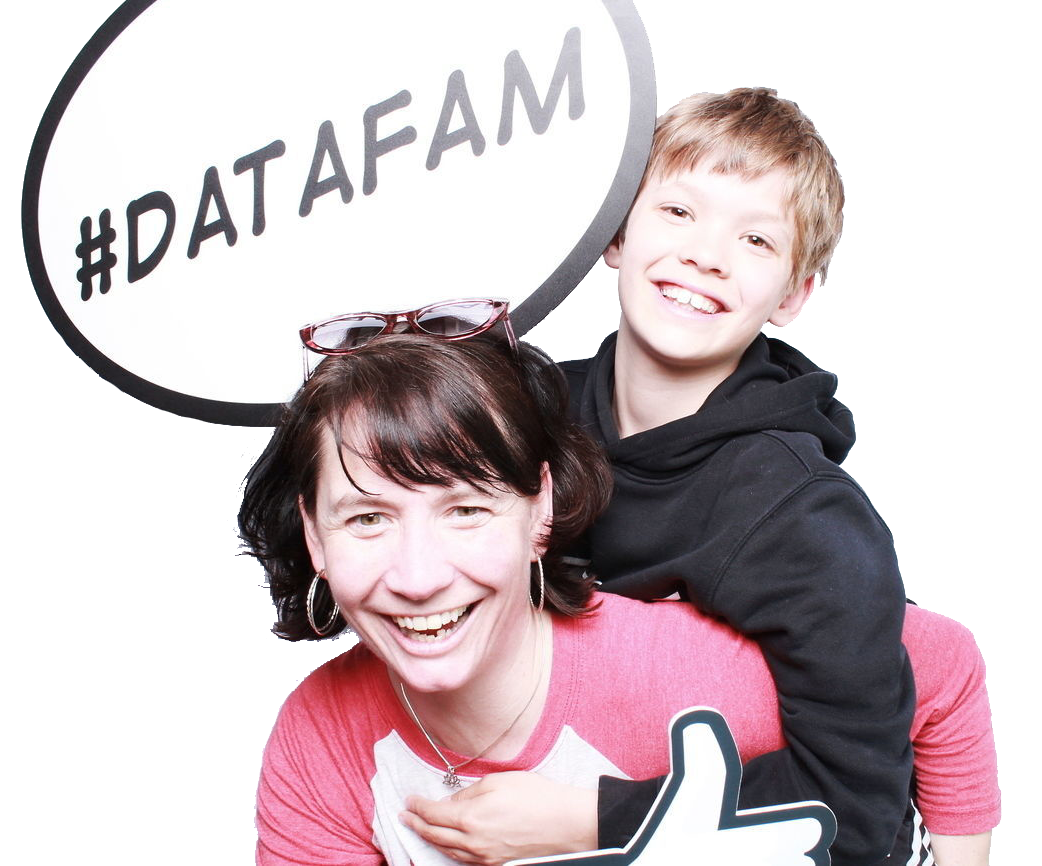 my son on my back holding a sign that says Data Fam